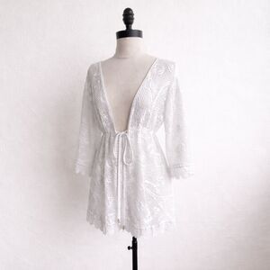 Cover Up White Crochet Lace Club Z Collection Tunic Boho Beach Y2K Tie Front